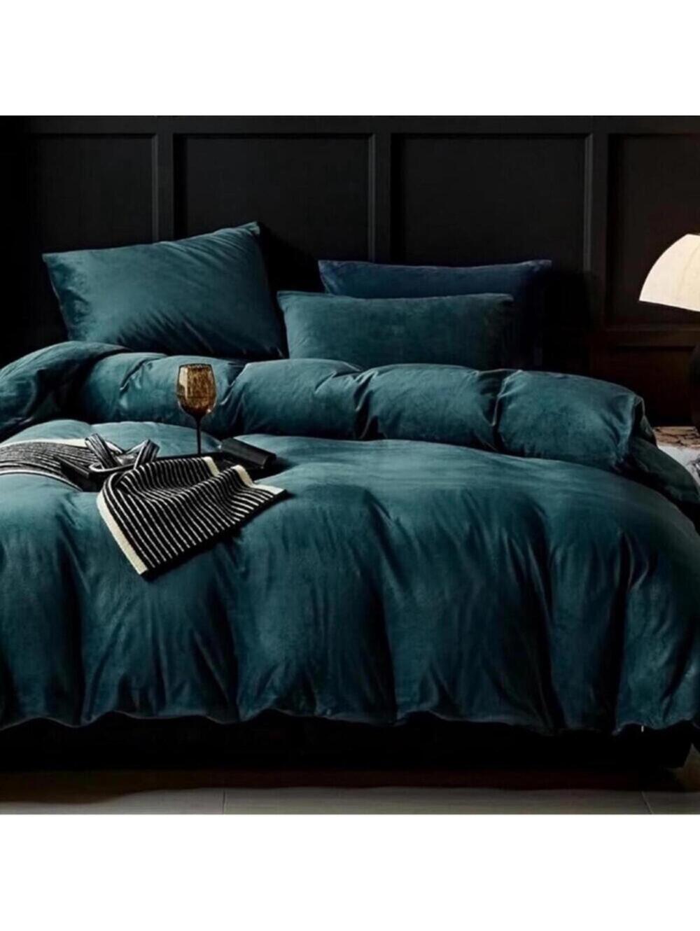 🆕 QUEEN Velvet Duvet Bedding Set Cover Blue Green Velour Warm Rich Luxury Cozy